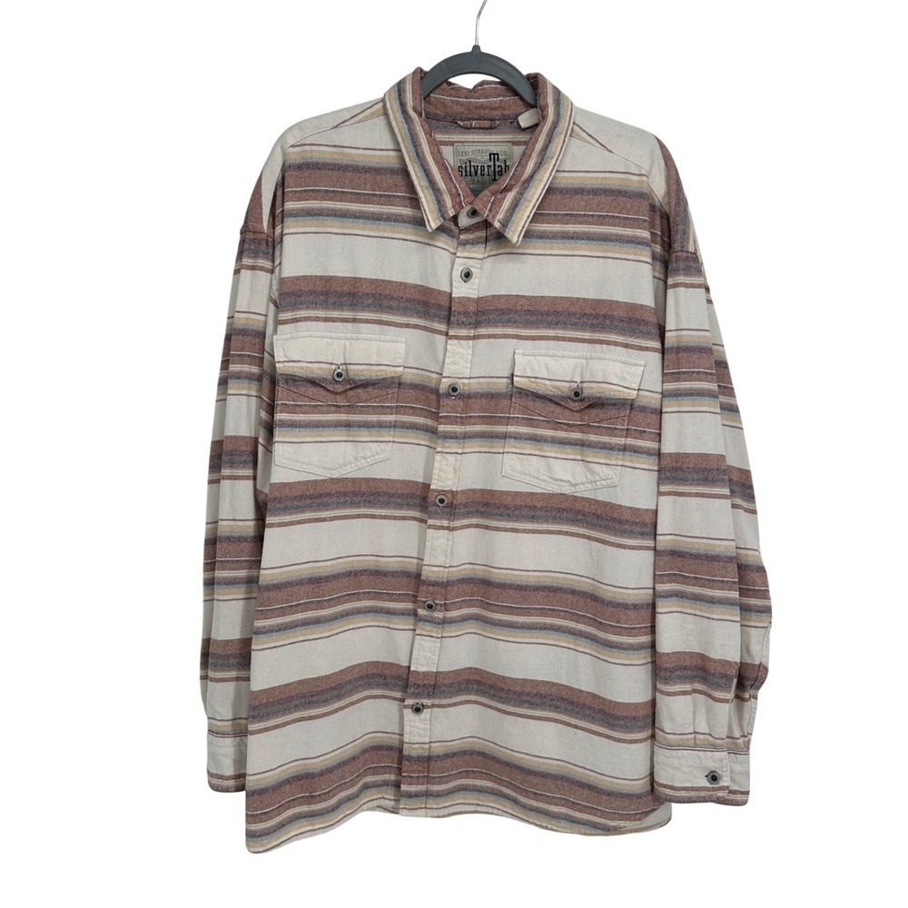 Levi's SilverTab Mens XL Loose Fit Striped Flannel Button Down Shirt Long Sleeve